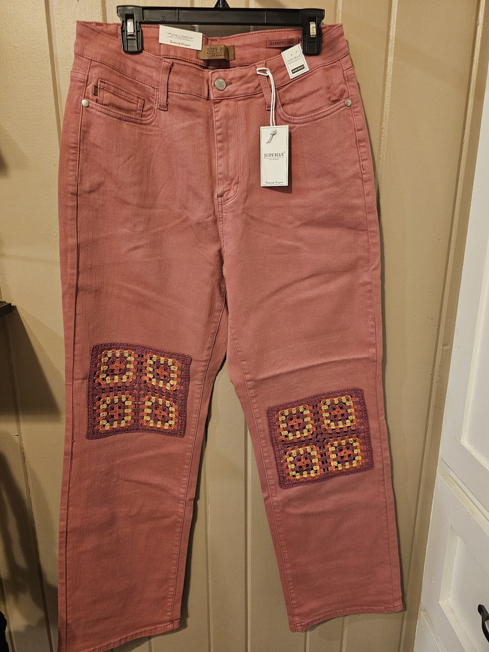 Judy Blue Dusty Pink Jeans with Crocheted Patch Accents
